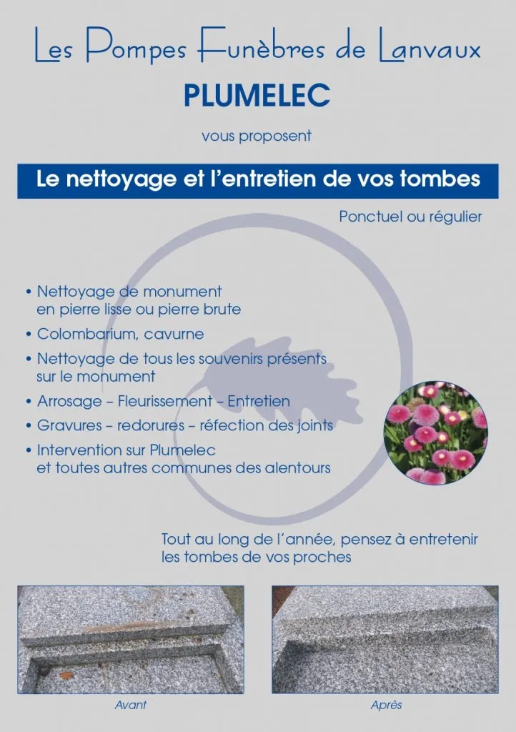Flyer publicitaire pour les services d'entretien et de rénovation de tombes à Plumelec.