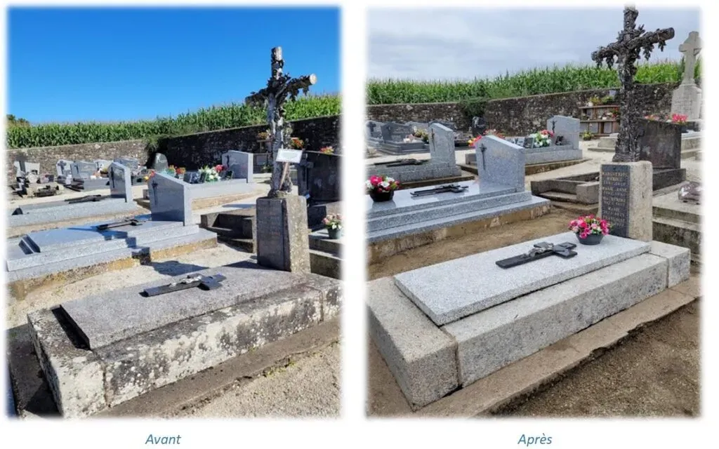 Rénovation complète d'un monument funéraire en granit clair : avant/après le nettoyage.