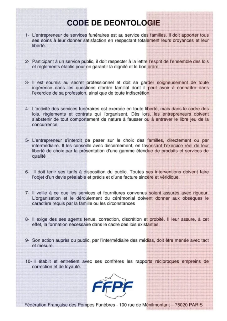 Texte officiel du Code de Déontologie de la Fédération Française des Pompes Funèbres.