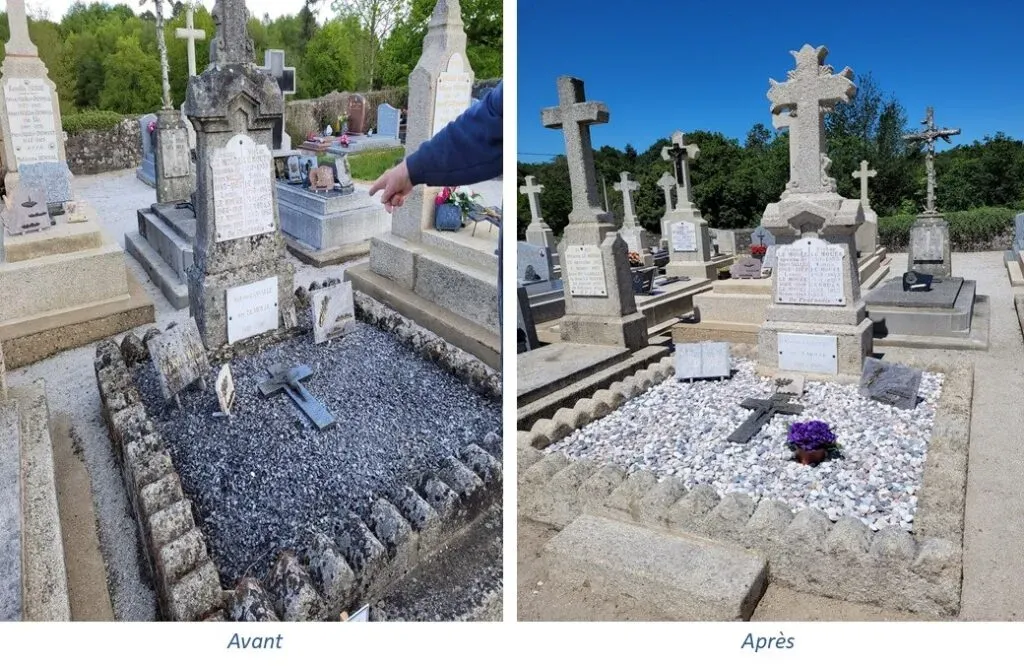 Transformation d'une tombe ancienne : nouvelle bordure, gravier blanc et nettoyage de stèle.